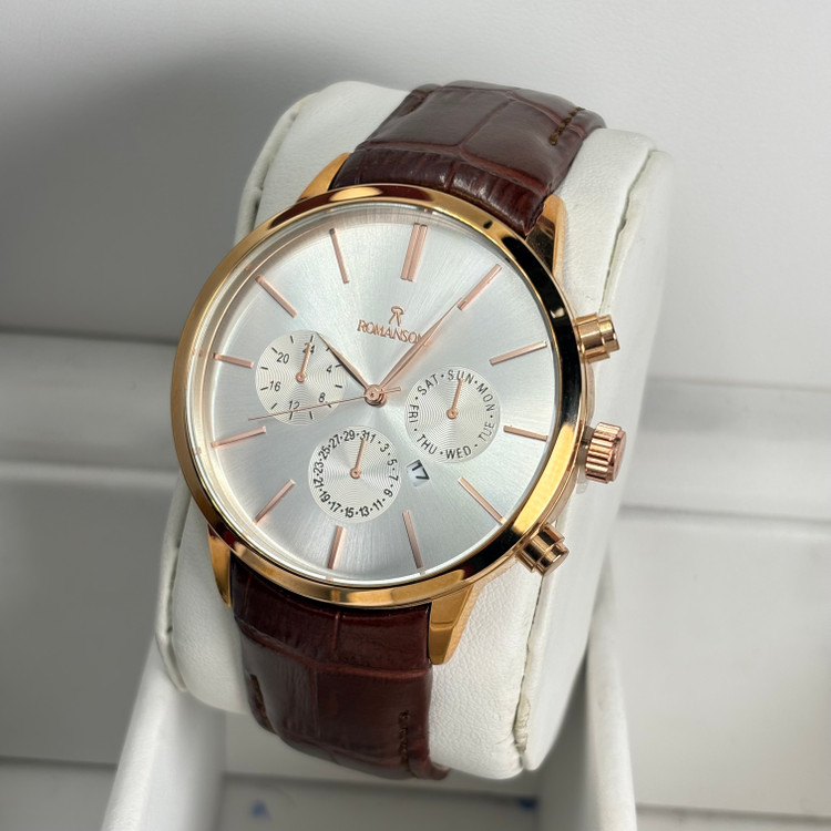 خرید ساعت مچی مردانه رومانسون بند چرمی قهوه ای